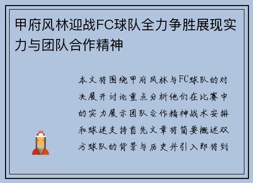 甲府风林迎战FC球队全力争胜展现实力与团队合作精神